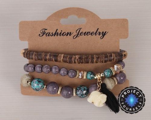 3-Piece Stone and Wood Beads Elephant Charm Boho Bracelet Set