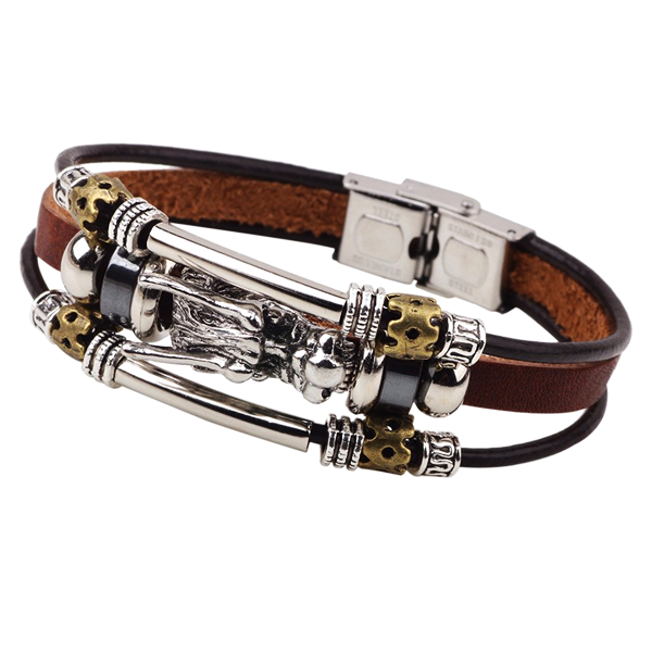 Tibetan Dragon Silver Unisex Leather Bracelet
