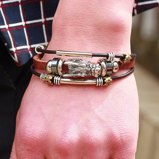 Tibetan Dragon Silver Unisex Leather Bracelet