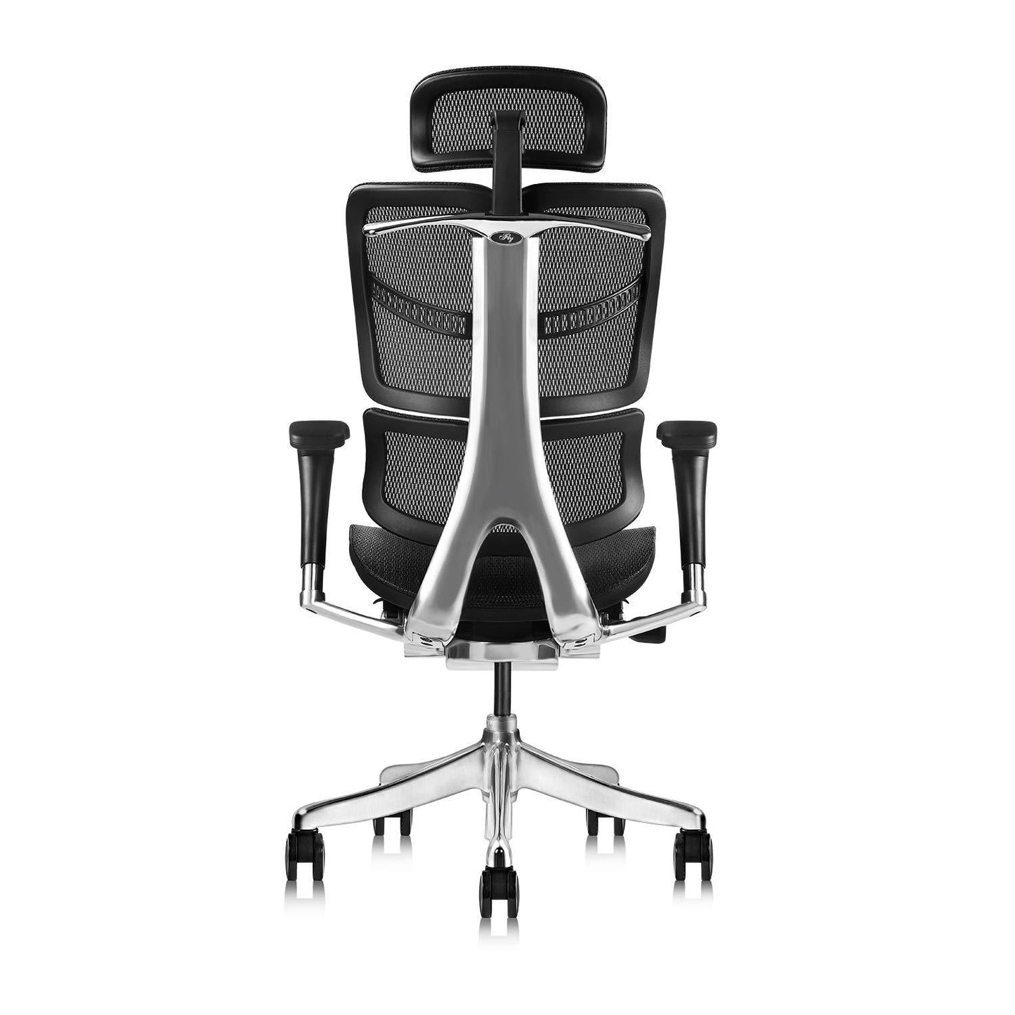 Ergonomically designed office chair with adjustable headrest and inclination limitation device Aluminum frame / base with standard carpet rolls