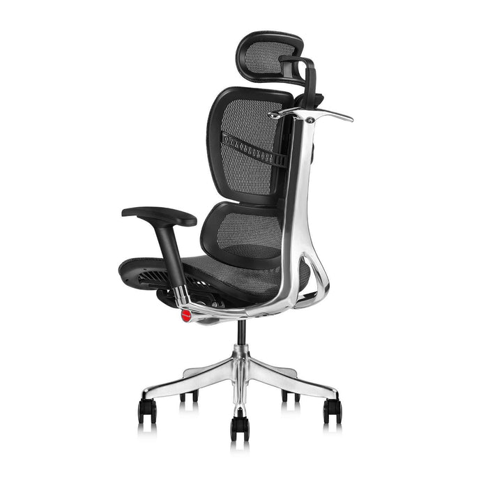 Ergonomically designed office chair with adjustable headrest and inclination limitation device Aluminum frame / base with standard carpet rolls