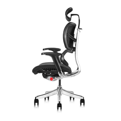 Ergonomically designed office chair with adjustable headrest and inclination limitation device Aluminum frame / base with standard carpet rolls