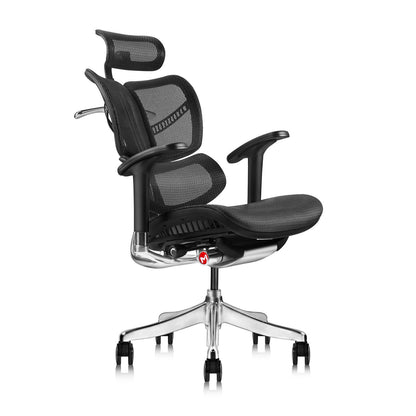 Ergonomically designed office chair with adjustable headrest and inclination limitation device Aluminum frame / base with standard carpet rolls