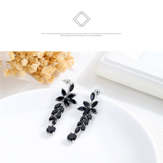 Fashion boho style diamond multi-layer crystal leaf earrings black long earrings