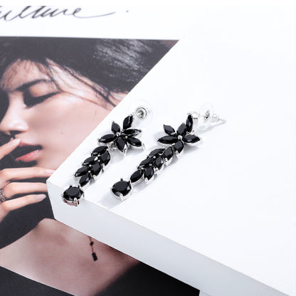 Fashion boho style diamond multi-layer crystal leaf earrings black long earrings