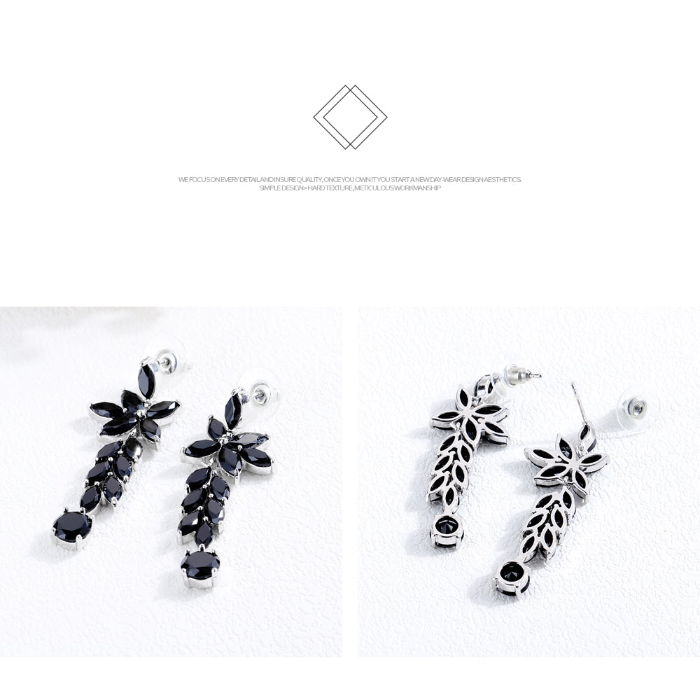 Fashion boho style diamond multi-layer crystal leaf earrings black long earrings