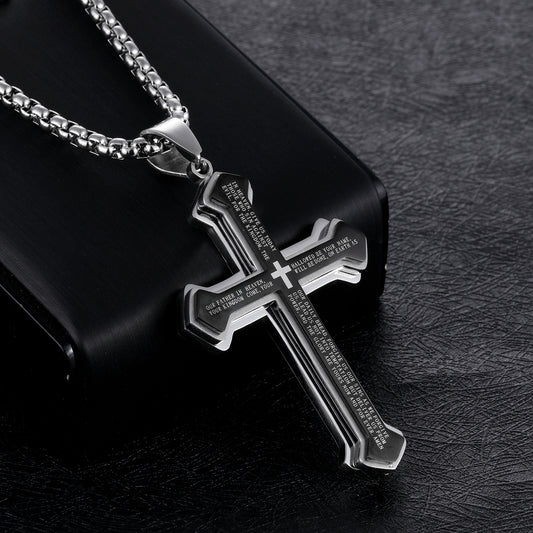 Titanium steel three-layer bible cross men's necklace