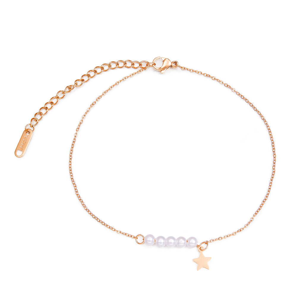 Japanese and Korean temperament five-pointed star pearl titanium steel anklet