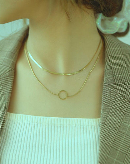 Women Chain Necklace Double Levels Clavicle Links  Fashion Link Lady Stainless Steel Gold Tone