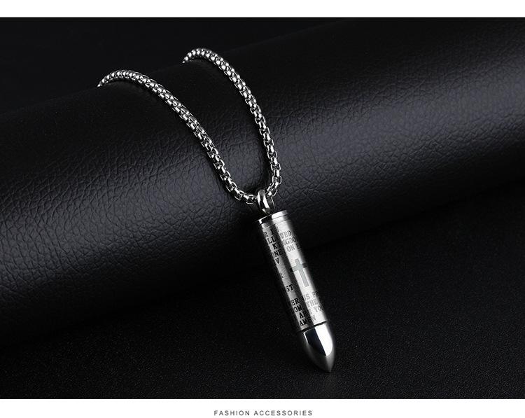 Stainless Steel Bullet Pendant Urn Ashes Necklace Cross Lords Prayer in English
