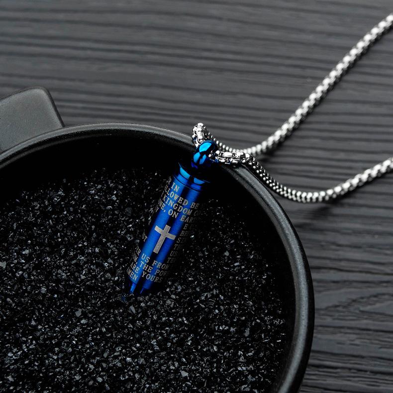 Stainless Steel Bullet Pendant Urn Ashes Necklace Cross Lords Prayer in English