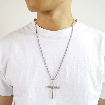 Men's Stainless Steel Nail Cross Charm Pendant Necklace Polished Gold Silver Black 24 Inch Chain