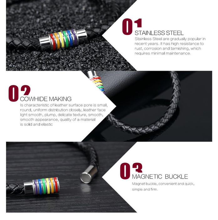 Handmade Leather Woven Charm Bracelet Fashion Gay Pride Stainless Steel Bracelets Vintage Men Jewelry Wristband