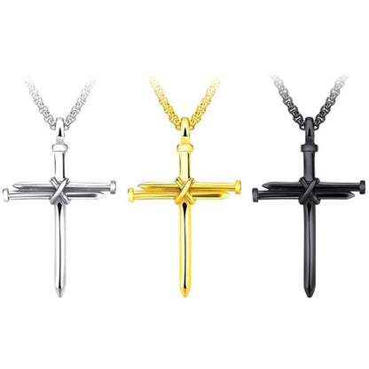 Men's Stainless Steel Nail Cross Charm Pendant Necklace Polished Gold Silver Black 24 Inch Chain