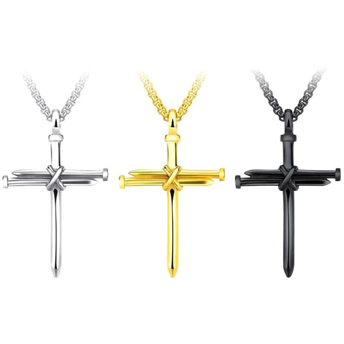 Men's Stainless Steel Nail Cross Charm Pendant Necklace Polished Gold Silver Black 24 Inch Chain