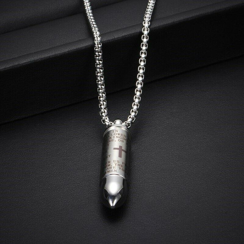 Stainless Steel Bullet Pendant Urn Ashes Necklace Cross Lords Prayer in English