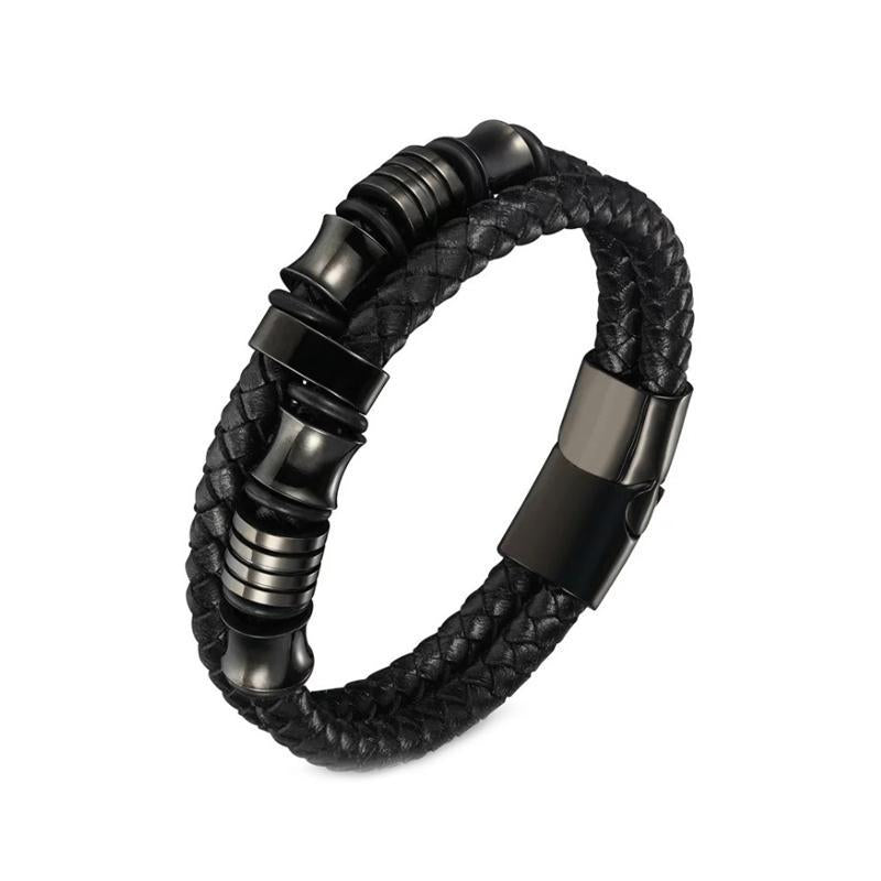 Black Steel Beaded Leather Bracelet