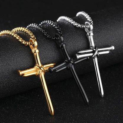 Men's Stainless Steel Nail Cross Charm Pendant Necklace Polished Gold Silver Black 24 Inch Chain