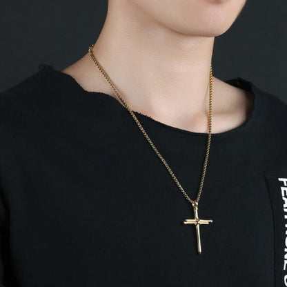 Men's Stainless Steel Nail Cross Charm Pendant Necklace Polished Gold Silver Black 24 Inch Chain