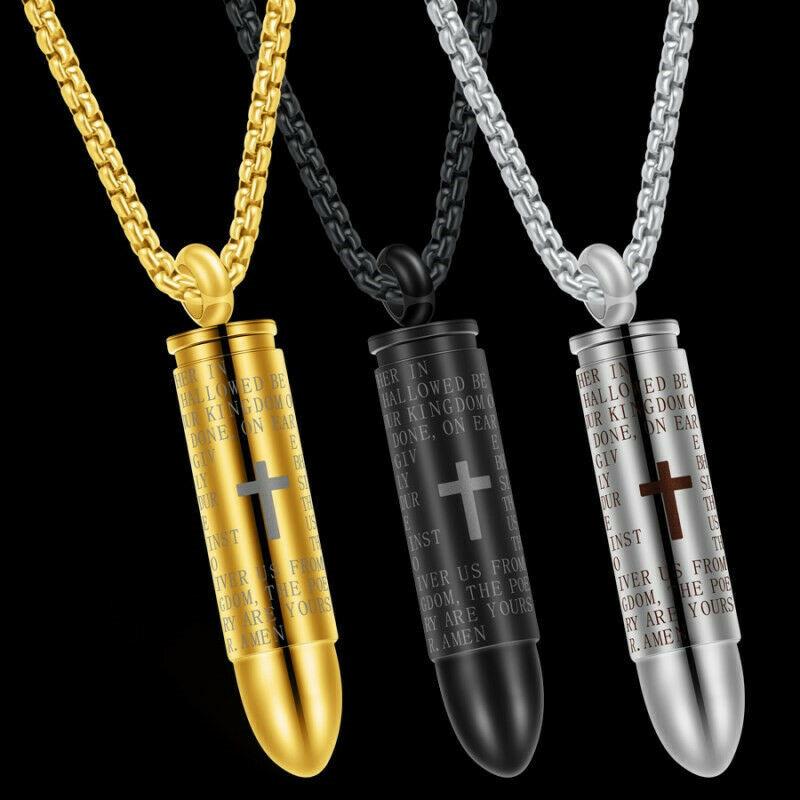 Stainless Steel Bullet Pendant Urn Ashes Necklace Cross Lords Prayer in English