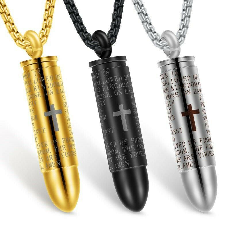 Stainless Steel Bullet Pendant Urn Ashes Necklace Cross Lords Prayer in English