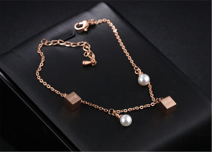 Cute Charm Bracelets For Girl Simulated Pearl & Love Letter Cube Charms Rose Gold Color  Extended Chain