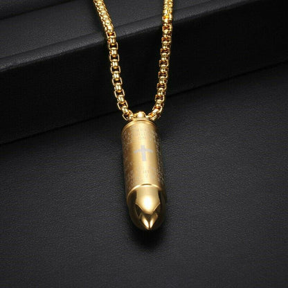 Stainless Steel Bullet Pendant Urn Ashes Necklace Cross Lords Prayer in English