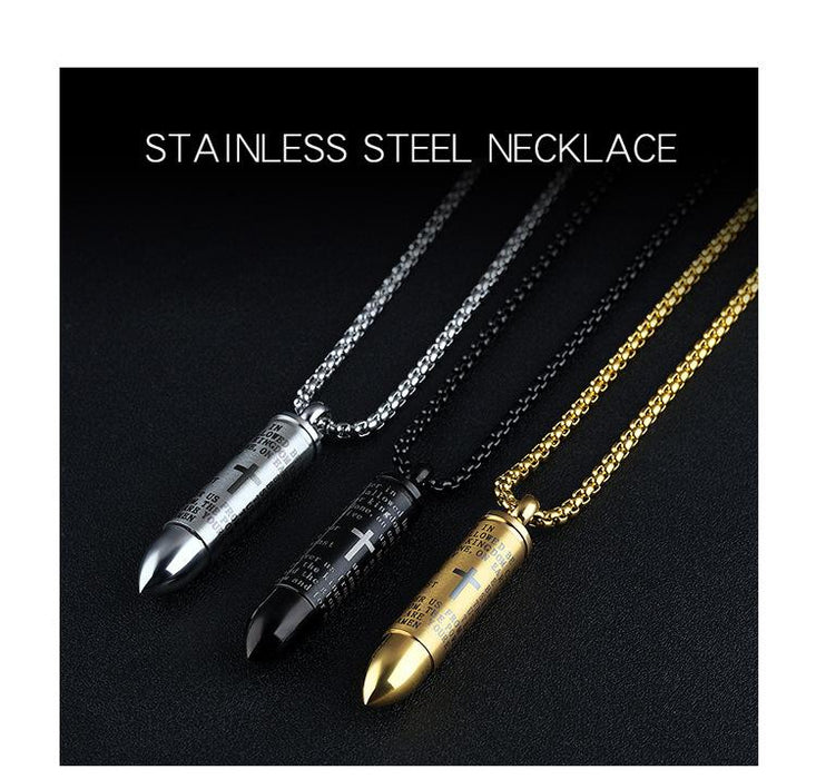Stainless Steel Bullet Pendant Urn Ashes Necklace Cross Lords Prayer in English