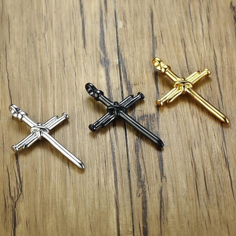 Men's Stainless Steel Nail Cross Charm Pendant Necklace Polished Gold Silver Black 24 Inch Chain