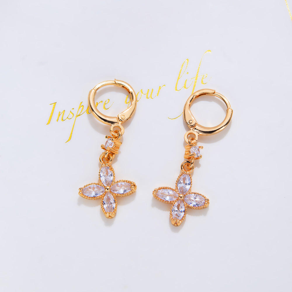 Fashion colored diamond temperament flower pendant earrings, gold-plated copper earrings