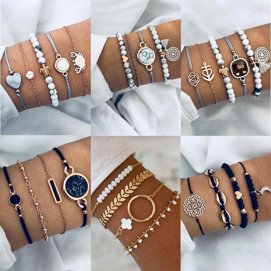 Bohemian Bracelet Set For Women Geometric Shell Star Map Heart Natural Stone Beads Chain Pendant Bracelet Boho Jewelry 2020