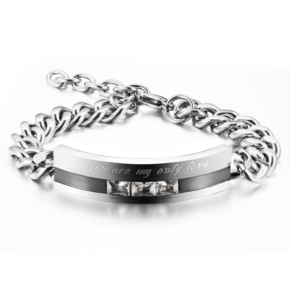 1 Pair  Lovers' Cubic Zirconia Link Chain Bracelets Vintage Black/Gold Color Stainless Steel Women Men Jewelry Gift