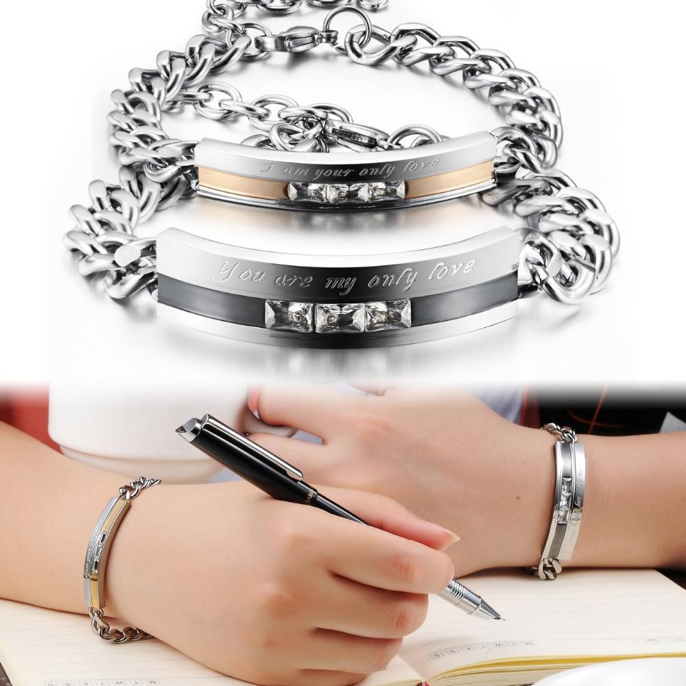 1 Pair  Lovers' Cubic Zirconia Link Chain Bracelets Vintage Black/Gold Color Stainless Steel Women Men Jewelry Gift