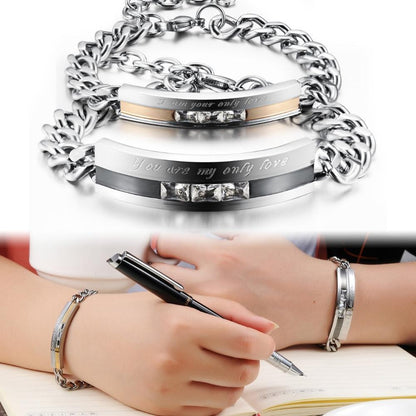 1 Pair  Lovers' Cubic Zirconia Link Chain Bracelets Vintage Black/Gold Color Stainless Steel Women Men Jewelry Gift
