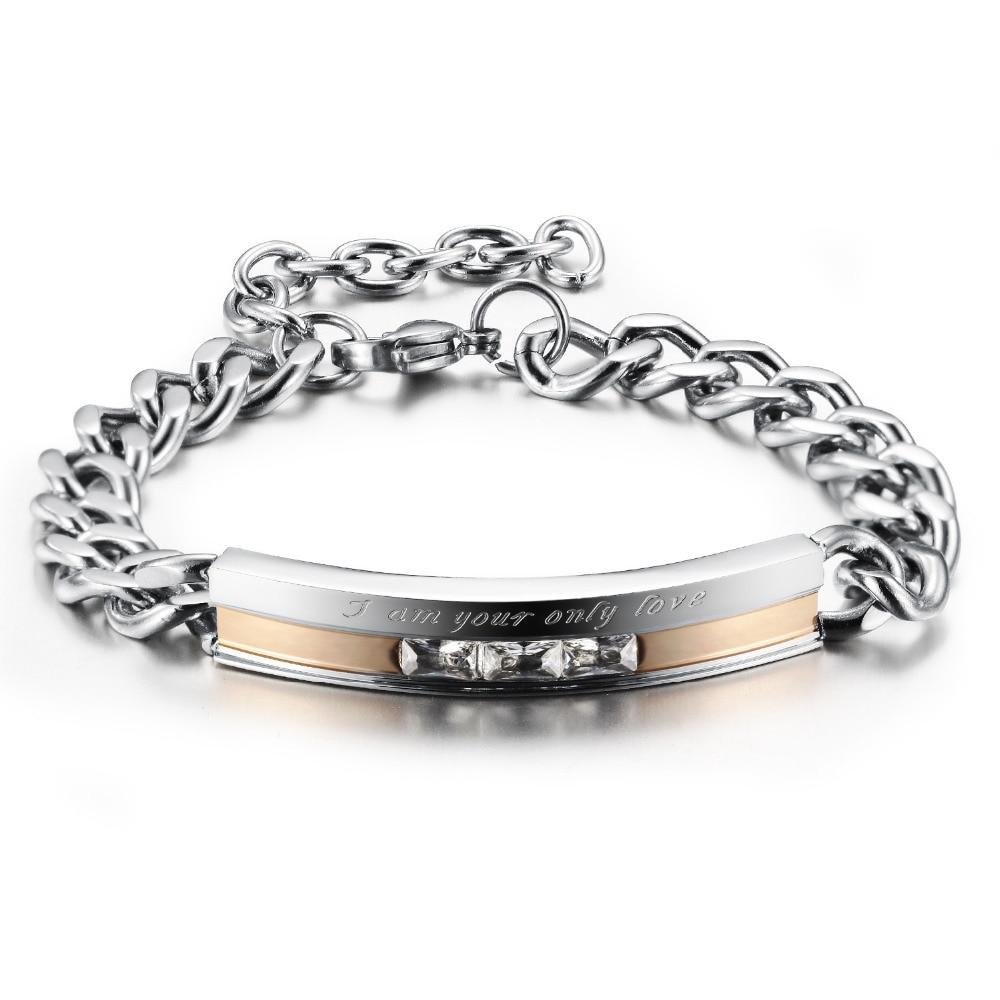 1 Pair  Lovers' Cubic Zirconia Link Chain Bracelets Vintage Black/Gold Color Stainless Steel Women Men Jewelry Gift