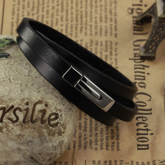Three Layers Real Leather Bracelets Classical Full Steel Magnet Clasp Men Jewelry