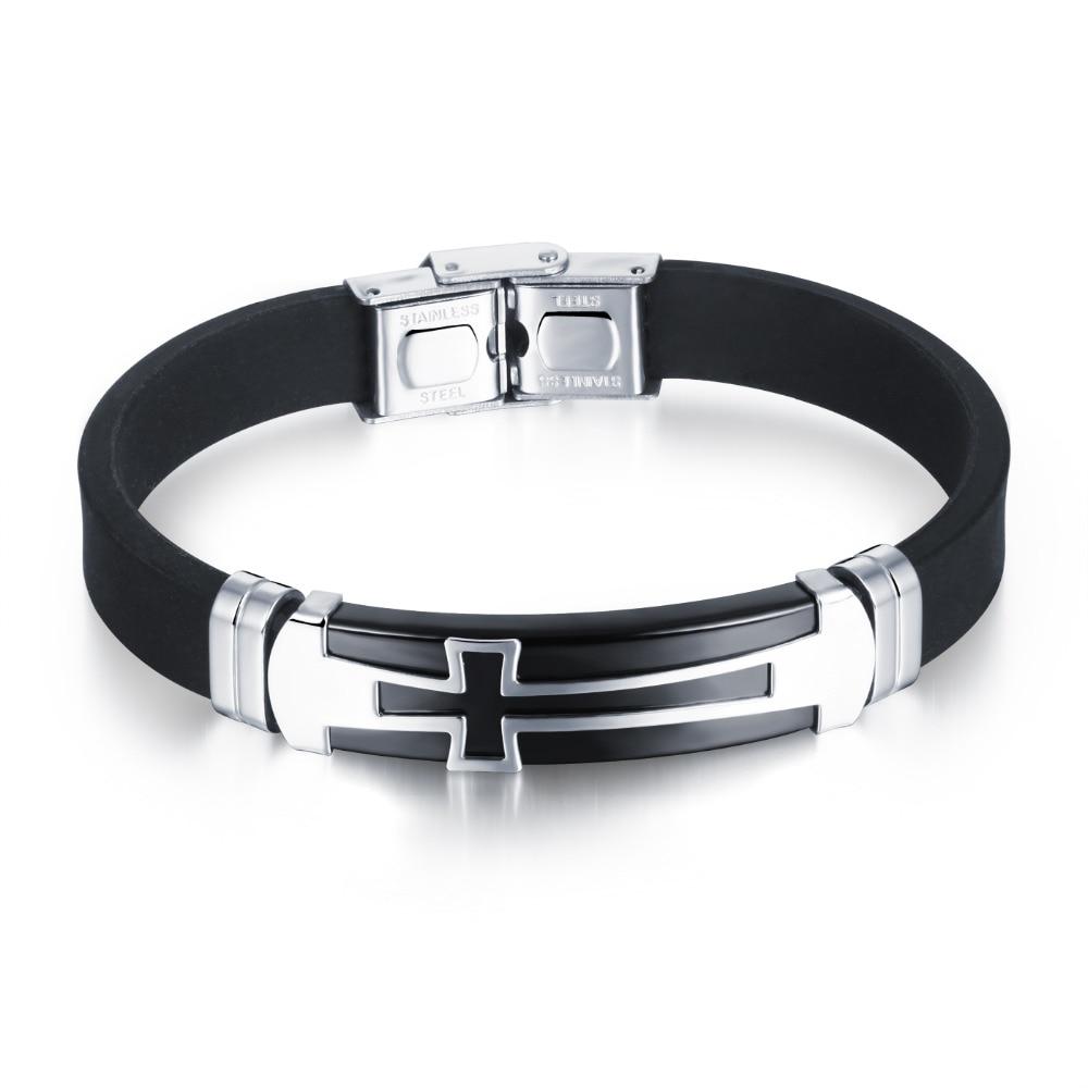 Charm Black Silicone Man Bracelets Classical Stainless Steel Big Cross Men Jewelry 2 Colors Religious Accessories