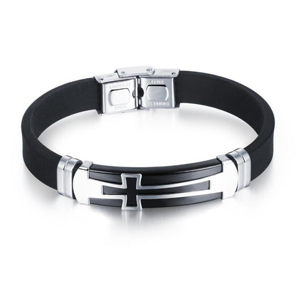 Charm Black Silicone Man Bracelets Classical Stainless Steel Big Cross Men Jewelry 2 Colors Religious Accessories