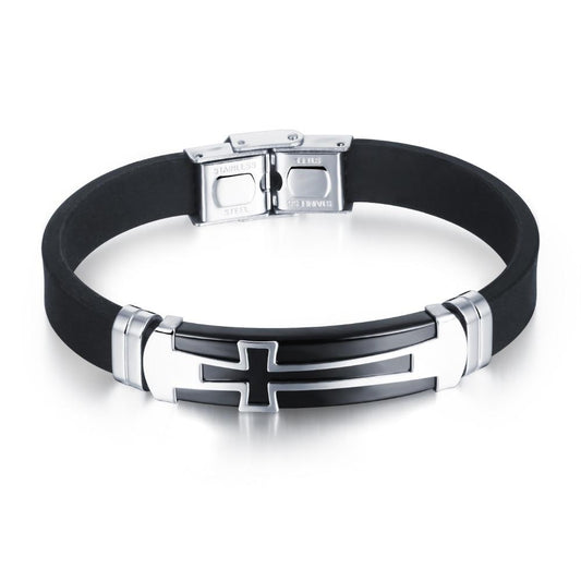Charm Black Silicone Man Bracelets Classical Stainless Steel Big Cross Men Jewelry 2 Colors Religious Accessories