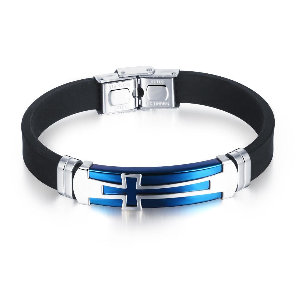 Charm Black Silicone Man Bracelets Classical Stainless Steel Big Cross Men Jewelry 2 Colors Religious Accessories