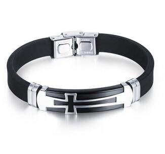 Charm Black Silicone Man Bracelets Classical Stainless Steel Big Cross Men Jewelry 2 Colors Religious Accessories
