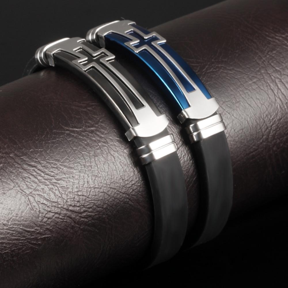 Charm Black Silicone Man Bracelets Classical Stainless Steel Big Cross Men Jewelry 2 Colors Religious Accessories