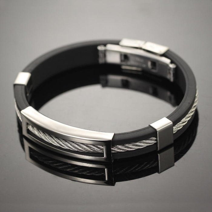 Cool Man Genuine Silicone Bangles Fashion Stainless Steel Hol Out Men Jewelry 19.5cm Long Accessories Cheap