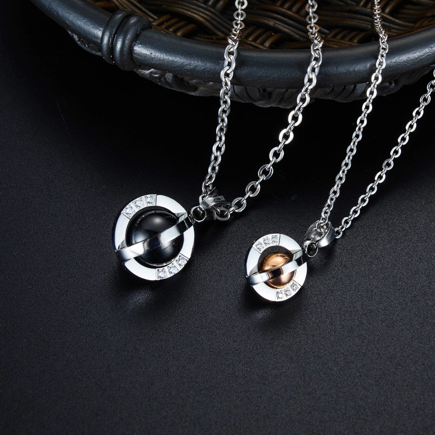 Couple Love Neaklaces Matching Set The Eerth Black & Rose Gold Pendant for His and Her Stainless Steel Chains