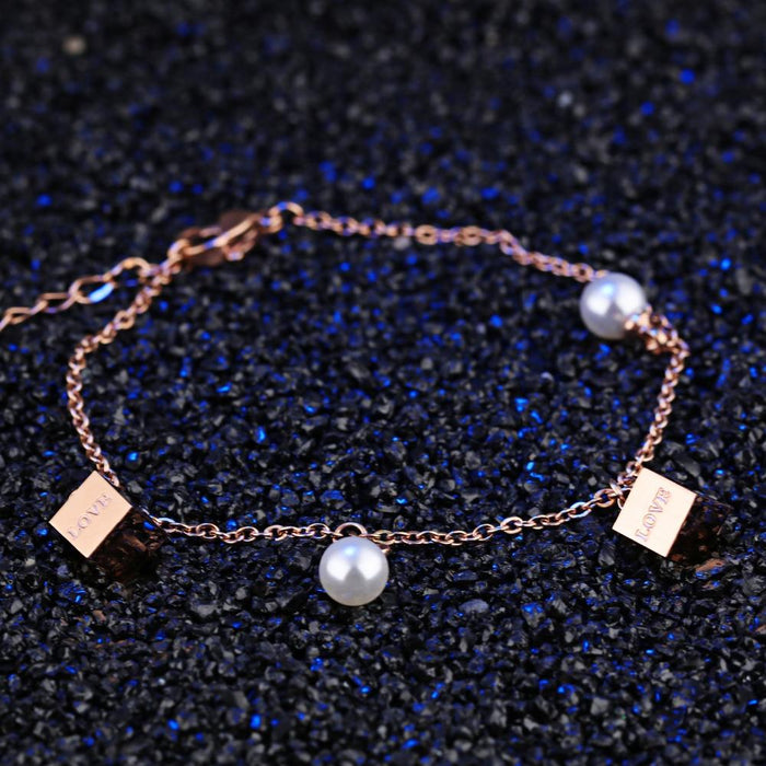 Cute Charm Bracelets For Girl Simulated Pearl & Love Letter Cube Charms Rose Gold Color  Extended Chain