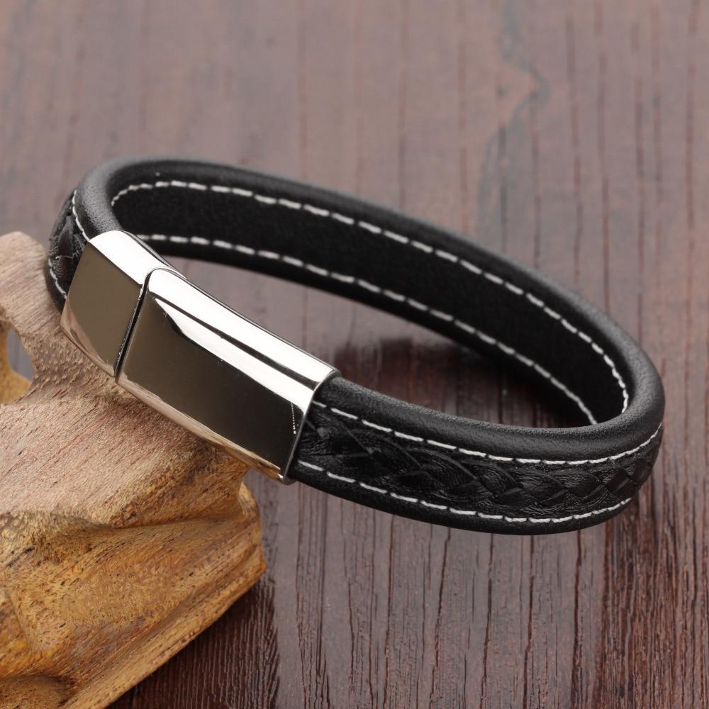 Genuine Leather Watchband Man Bracelets Punk Style Stainless Steel Men Jewelry Rope Chain 20.5cm Accessories