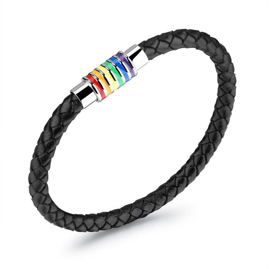 Handmade Leather Woven Charm Bracelet Fashion Gay Pride Stainless Steel Bracelets Vintage Men Jewelry Wristband