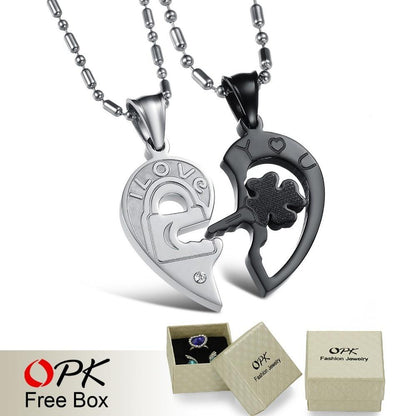 Heart and Key Puzzle Couple Necklace Stainless Steel Cool Black Style 1 pair