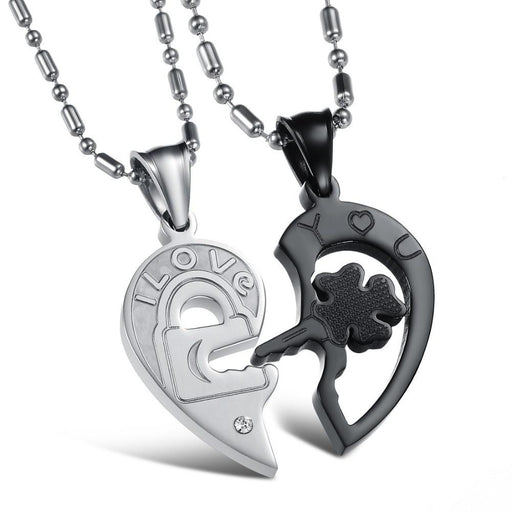 Heart and Key Puzzle Couple Necklace Stainless Steel Cool Black Style 1 pair