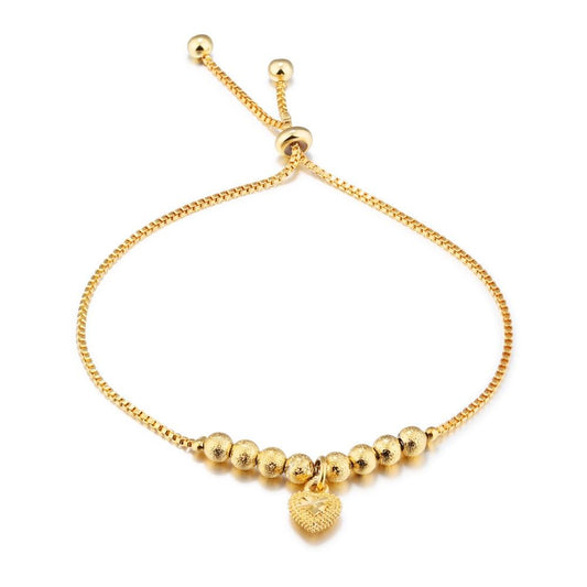Luxury Gold Color Bracelets For Women Dull Polished Bead & Heart Female Length Resizable Charm Bracelet Never Fade